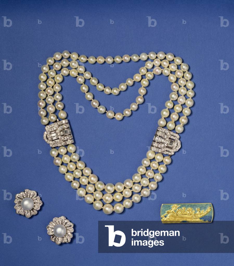 Selection of pearl jewellery: three-row pearl necklace with diamond clips; bouton shaped Southsea cultured pearl earrings; gold and enamel brooch by Lalique, c.1900 (pearl)