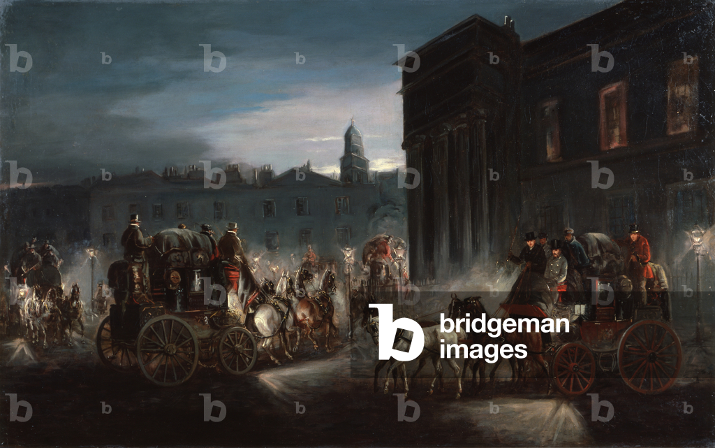The Edinburgh Mail Coach and Other Coaches in a Lamplit Street (oil)