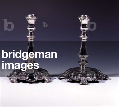 Pair of cast candlesticks with knopped rectangular stems on cushion shaped bases by Jacob Schenk, 1762 (silver)