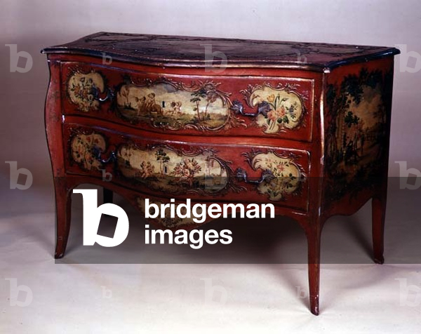 Painted commode, with figures in a landscape and flower sprays