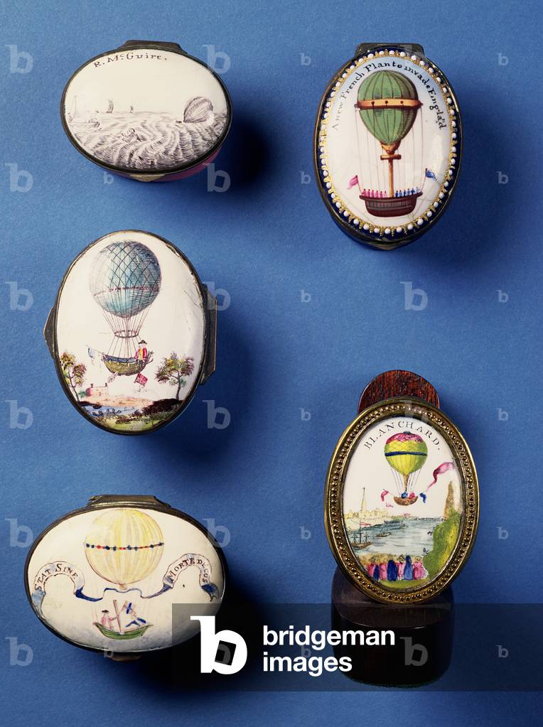 English enamel patch boxes, depicting hot-air balloons; gilt metal sword/cloak peg portraying Blanchard's balloon crossing the English Channel, late 18th century