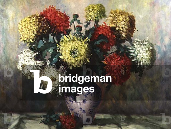 Chrysanthemums in a blue and white china vase