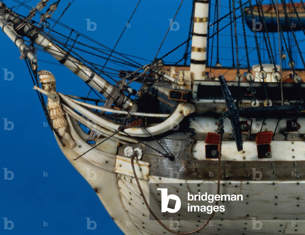 Prisoner-of-War Model of an Eighty-Gun Ship-of-the-Line, French, c.1780 (detail of the bows) (bone and boxwood) (see also 64084)