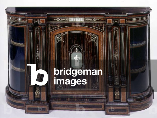 Side cabinet, outlined in ivory and banded with amboyna wood, the frieze inset with Wedgwood tablets (coromandel)