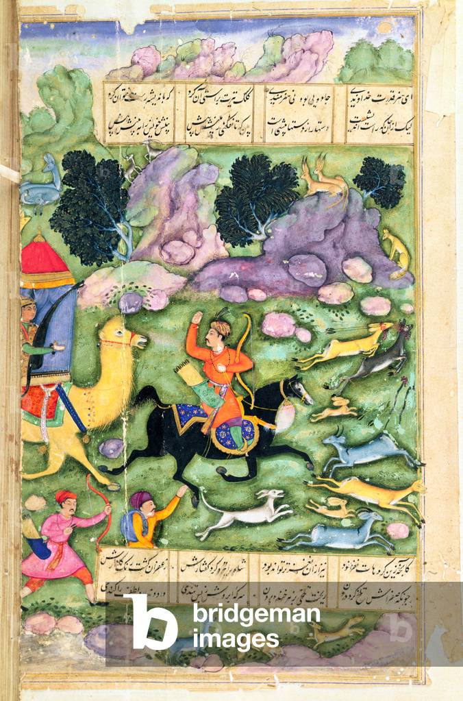 Bahram Gur Showing his Prowess While Hunting with Azad, folio 107a, from 'The Eight Paradises', written by Amir Khusrau Dihlavi (1253-1325) based on the story from the Khamsa (Quintet) by Nizami, Mughal, 1600 (vellum)