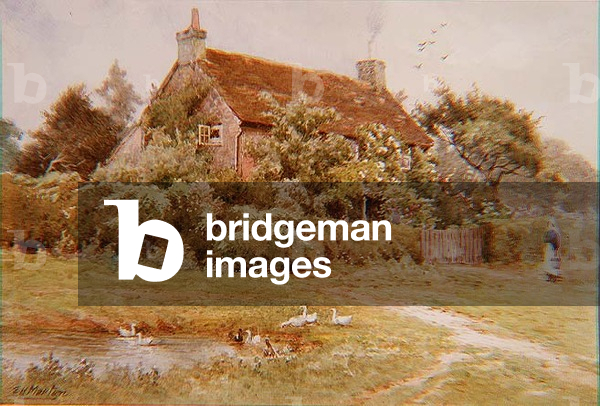 A Woman and Ducks near a Cottage in Summer
