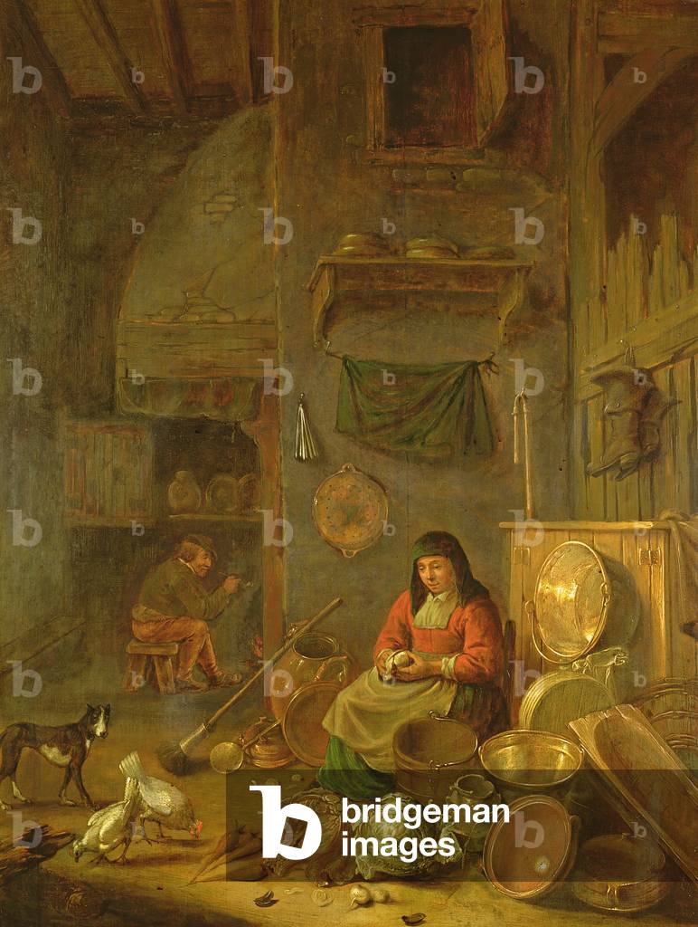 A Kitchen Interior with a Woman Peeling Potatoes beside a Dog, a Man Smoking in front of a Fire beyond