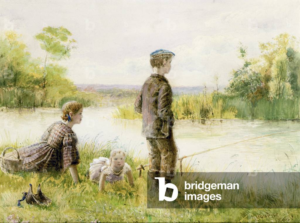 Children fishing by a stream