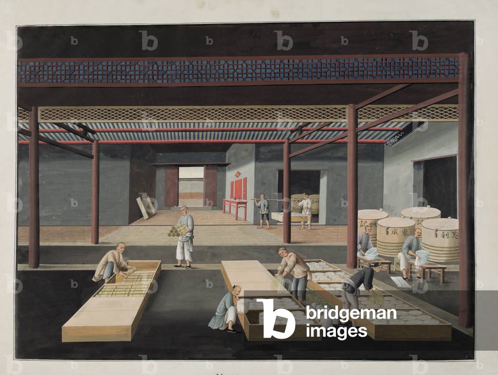 The Crating and Packing of Bowls and Dishes, plate 12 in a series of twelve depicting the process of Chinese porcelain manufacture, 19th century (gouache on paper)