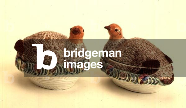 A Pair of First Period Worcester Partridge on Nest Tureens and Covers, c.1760 (ceramic)