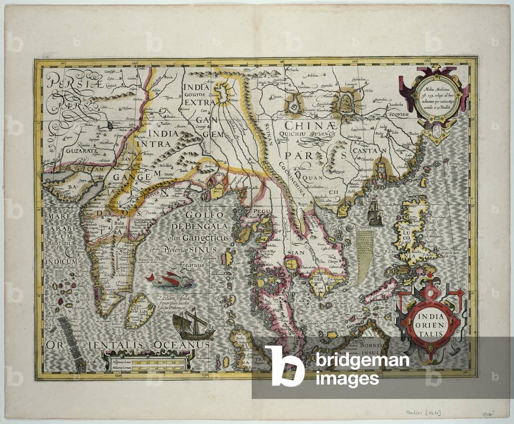The Indian Subcontinent to the Philippines by way of the northern portions of the Indonesian archipelago and the Malay Peninsula, early 17th century (colour engraving)
