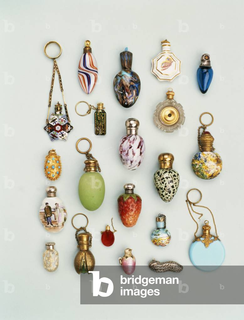 A selection of Swiss, British, French and Venetian 19th century scent bottles (enamel, gold, glass, porcelain and silver)