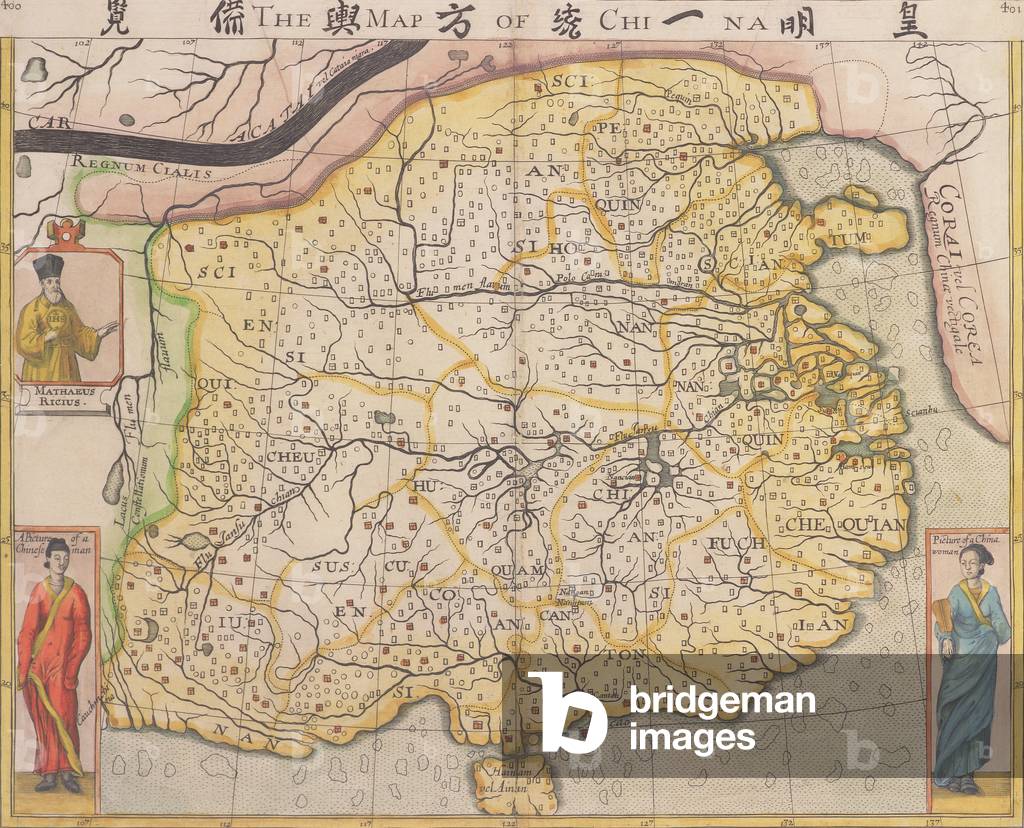Map of China with inset portraits of Matteo Ricci and two Chinese costumed figures, c.1625-26 (coloured engraving)