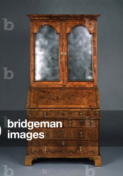 Queen Anne bureau cabinet with arched bevelled mirrored doors, c.1710 (walnut)