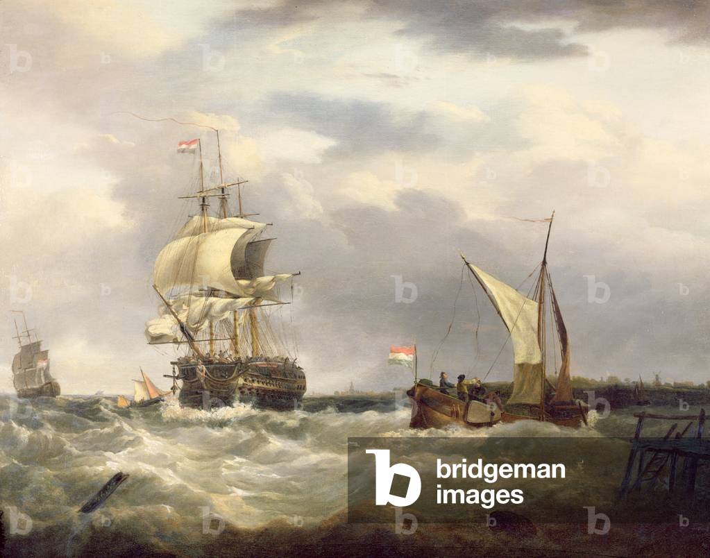 Dutch emigrant ship dropping the pilot and leaving her homeland astern (oil on canvas)
