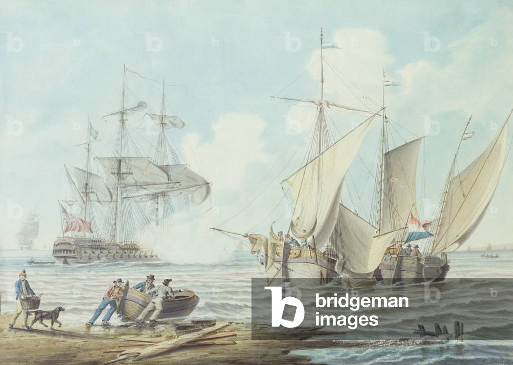 Dutch Pinks and a British Man-o'-War off a Coastline (w/c on paper)