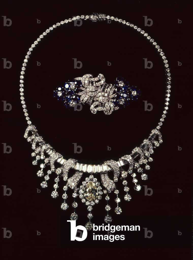 1950's diamond necklace with baguette and brilliant cut diamonds, pave and knife edge set, purchased from Kutchinsky; Sapphire and diamond double clip brooch mounted in platinum