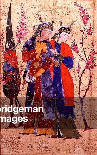 Two princesses in a garden landscape, from the Tohfat Al-Ahrar, Bokhara School, 1558 (gouache on paper) (pair to 93415)