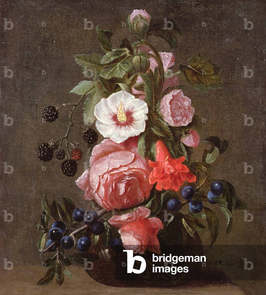 A Still Life of Mixed Flowers and Berries in a Glass Vase