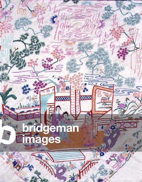 Detail from a Chinese silk shawl with hand embroidered design