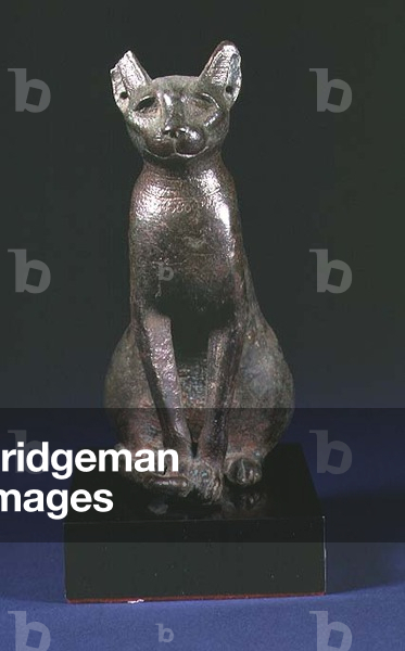 Seated cat with pierced ears and incised whiskers, Egyptian, Saite, Late Period, 26th Dynasty, 664-525 BC (bronze) (see also 83338)