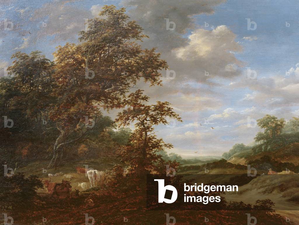 A Wooded Landscape with Cattle (oil on panel)