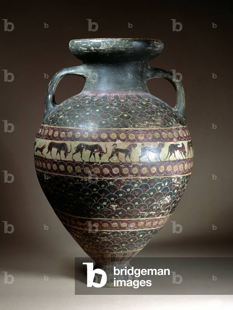 Storage amphora with piriform body decorated with a frieze of animals, guilloche borders and registers of dotted scale pattern, Etrusco-Corinthian, late 7th century BC (pottery)