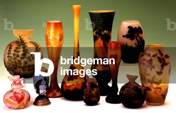 Selection of cameo, overlay, acid etched and enamelled glass vases by Galle, Muller Freres and Daum
