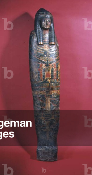 Sarcophagus for a young woman named as the Lady of the House Djed-montu-iues-ankh, wife of Pamiu, Third Intermediate Period, 850-730 BC (polychrome gesso) (for detail see 83358)