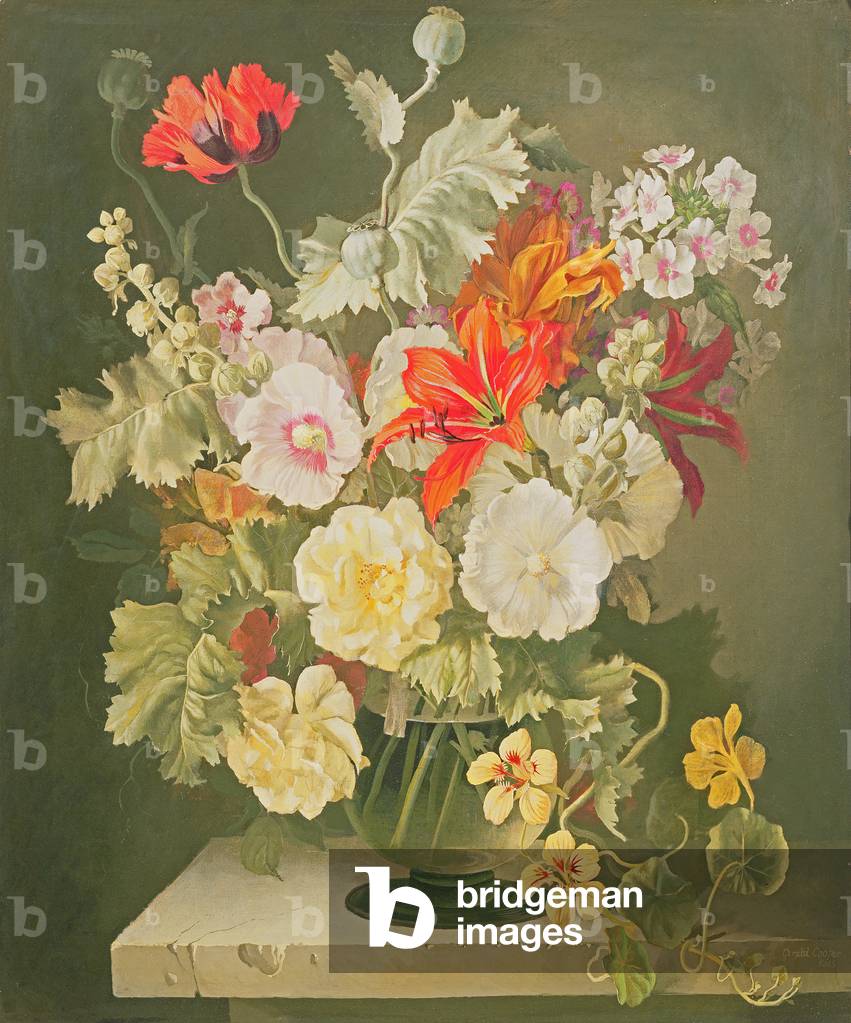 A Still Life of Various Flowers in a Glass Vase on a Ledge (oil on canvas)