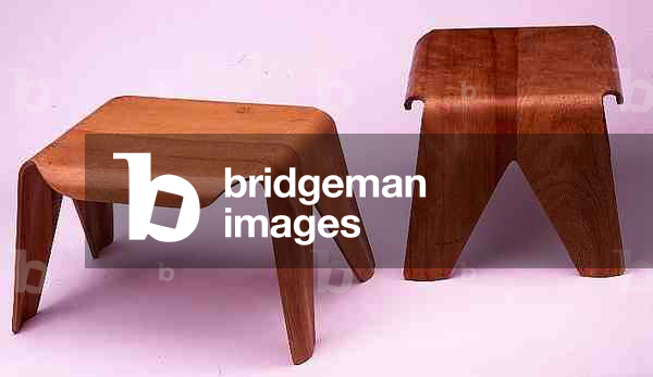 Two Early Child's Stools, designed by Eames, Charles (1907-70) and Ray (1912-88), 1946 (moulded plywood and laminated birch)