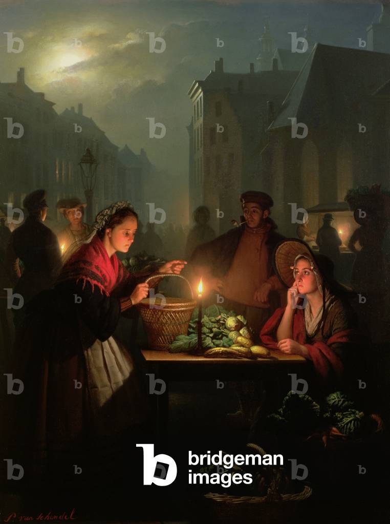 A Vegetable Stall at Night (oil on panel)