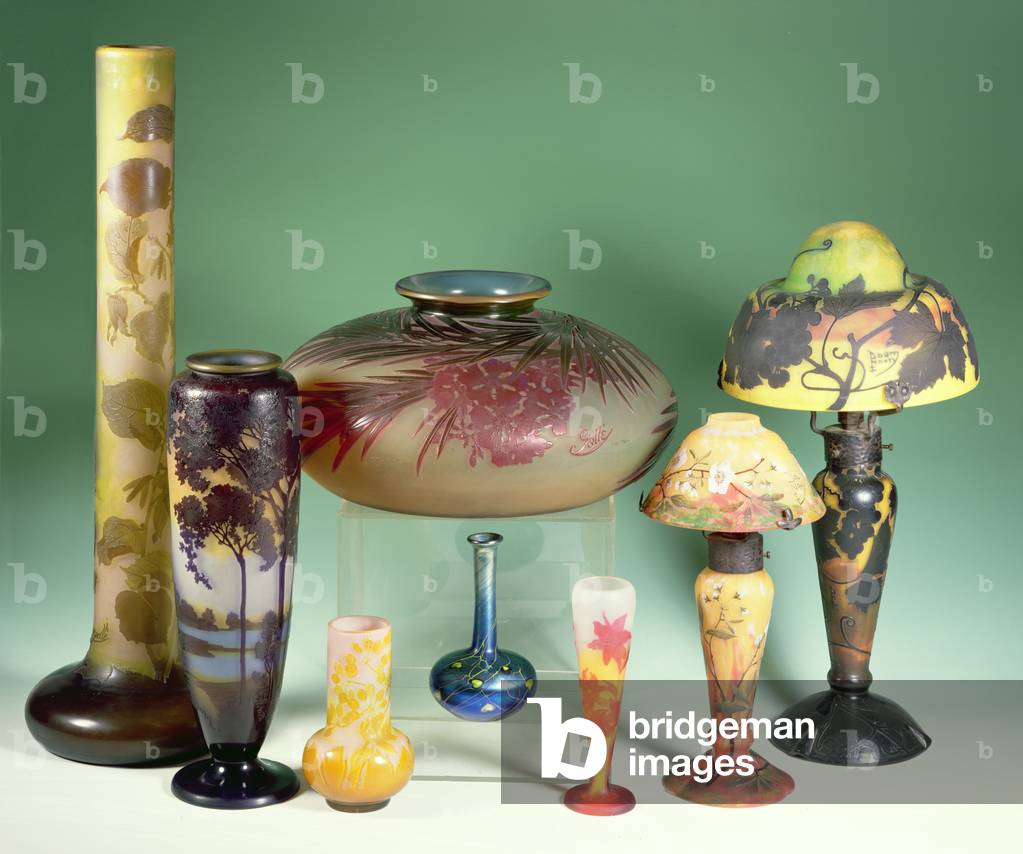 Selection of cameo glass vases by Emile Galle (1846-1904)