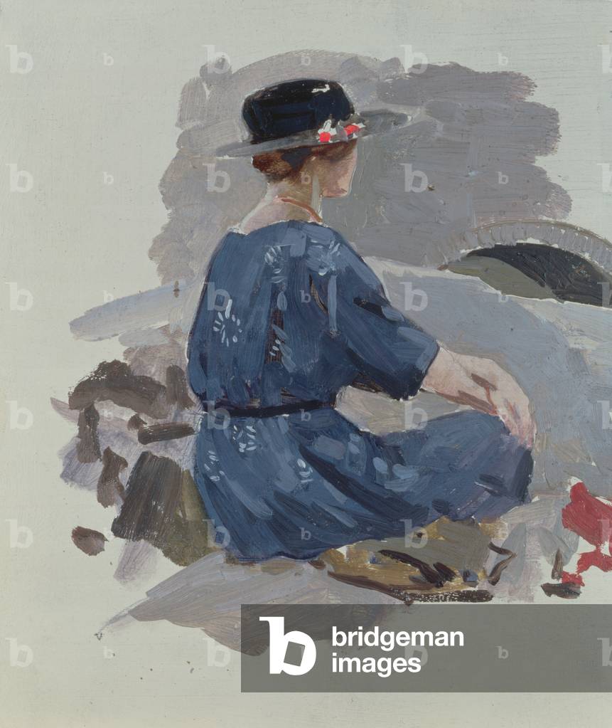 Woman in a blue dress and wide brimmed hat sitting upon rocks (oil on paper)