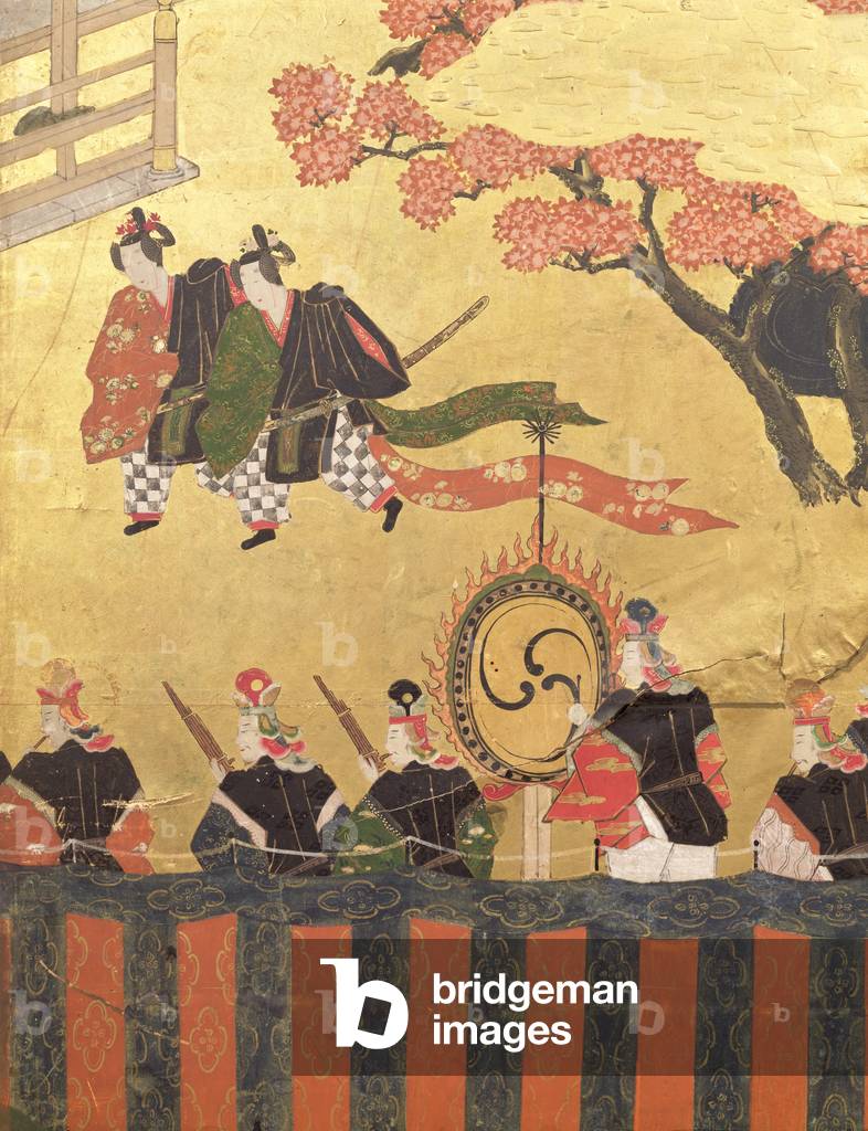 Detail from a four leaf screen depicting two courtiers wearing kazaritachi and soldiers, Tosa School, Edo Period (colours, ink, gofun and gold on paper)