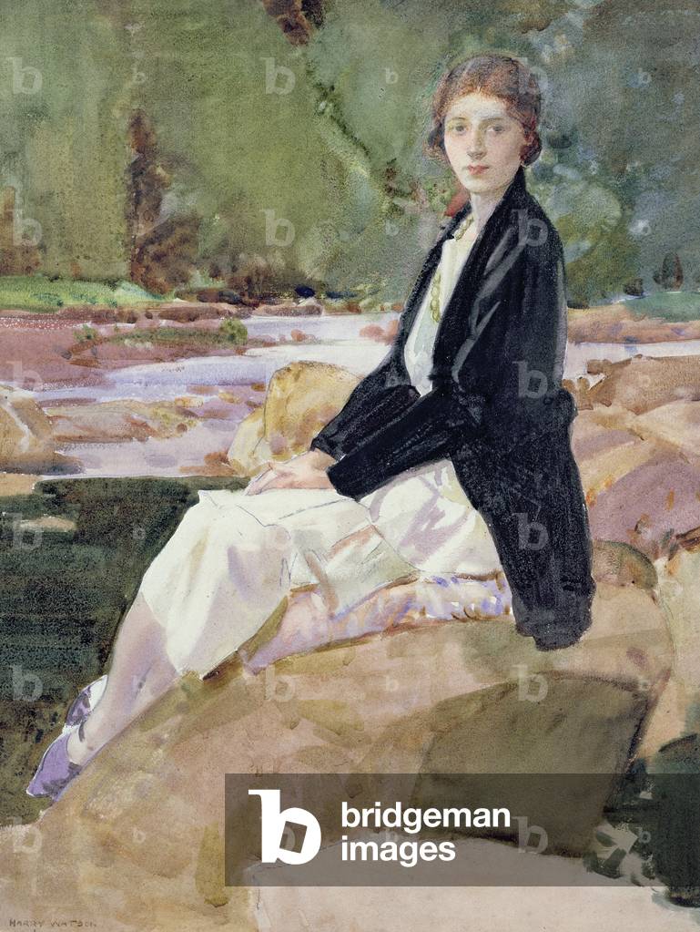 Young woman sitting upon rocks (w/c)