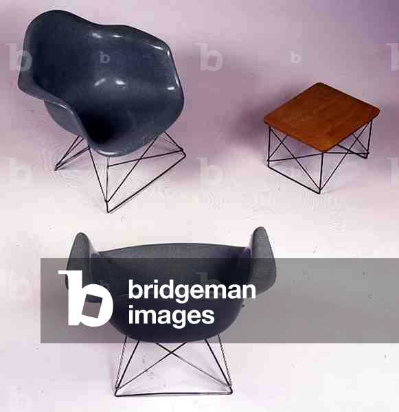 A Pair of LAR Chairs (Low-low Chairs), 1953 (fibreglass) and An Early LTR (Low Table), 1950 (plywood, birch and wire), both designed by Eames, Charles (1907-70) and Ray (1912-88)