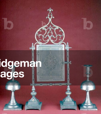 Qajar gold damascened mirror and pair of candlesticks, Persian, 19th century (steel)