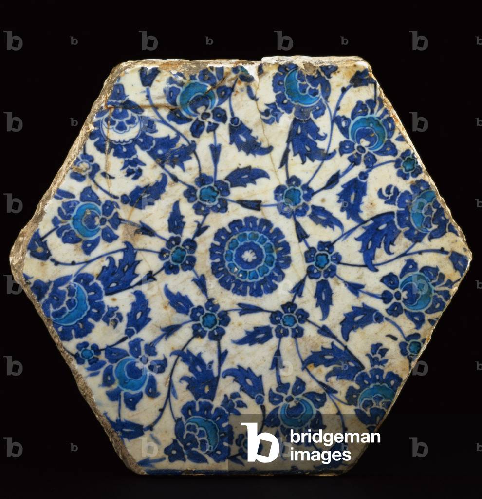 Iznik blue and white hexagonal tile, Turkish, c.1530 (pottery)