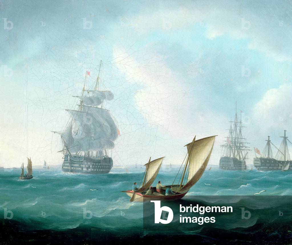 British Men-o'-war and a Hulk in a Swell, a Sailing Boat in the Foreground (oil on canvas)