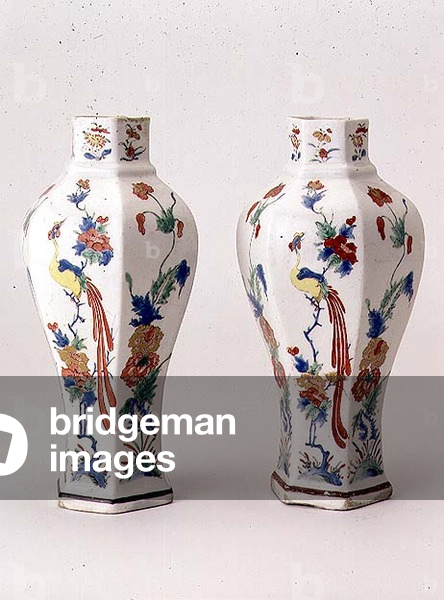 A pair of Bow vases of swollen panel form decorated in a Kakiemon palette, c.1755 (ceramic)