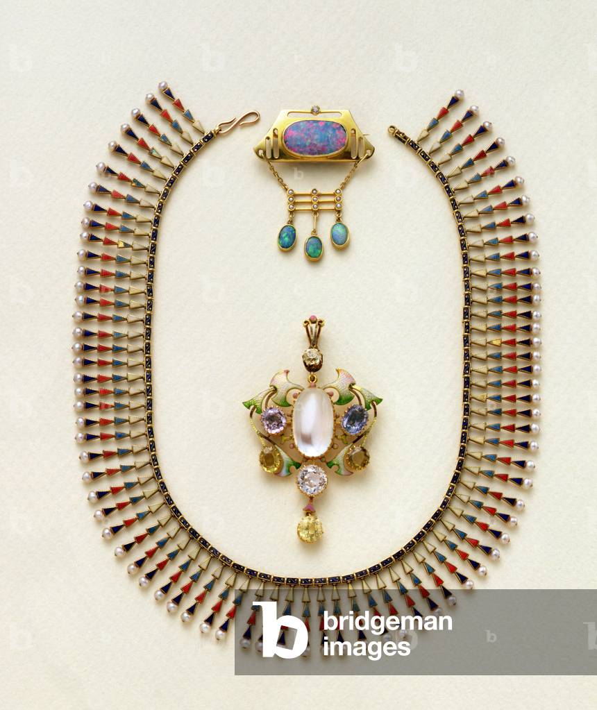 Art Nouveau gold and gem brooch by Murrle Bennet & Co, c.1900; multi-gem and enamel pendant brooch by Mrs Newman, c.1880; Polychrome enamel and pearl fringe Necklace by Carlo Giuliano, c.1850