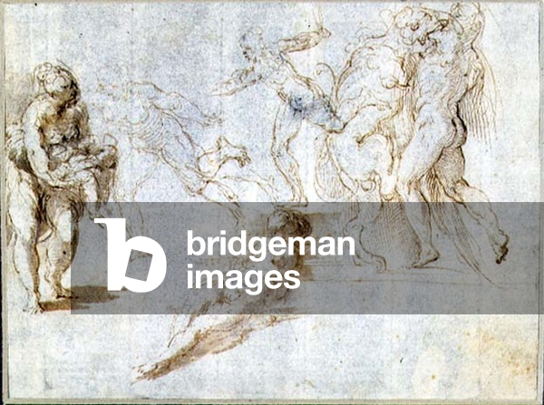 Figure Studies: Woman Holding a Baby; Man Pursued by Another; Nude Woman Lying on Ground; Hercules and the Nemean Lion (brown ink and wash on paper)