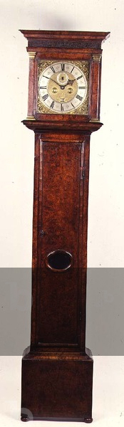 Burr elm loncase clock, of month duration, by James Clowes, 1672