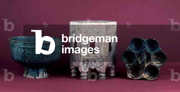 Selection of Syrian Raqqa Ware, LtoR: Bowl, Raqqa ware, Syrian, 12th century (moulded pottery with turquoise glaze); Tabouret, Raqqa ware, Syrian, 12th-13th century (moulded pottery) & Sweetmeat Dish, Raqqa ware, Syrian, 13th century (moulded pottery with turquoise glaze)