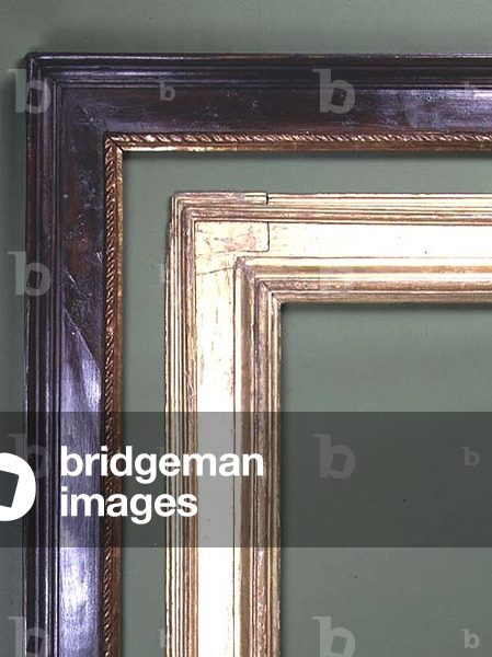 Italian 17th century giltwood Cassetta frame of reverse section with raised sight and back edge mouldings; Tuscan 17th century carved giltwood and walnut Cassetta frame with a raised outer edge, the sight edge with a ropetwist carving