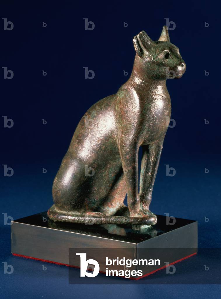 Seated cat with pierced ears and incised whiskers, Egyptian, Saite, Late Period, 26th Dynasty, 664-525 BC (bronze) (see also 83337)