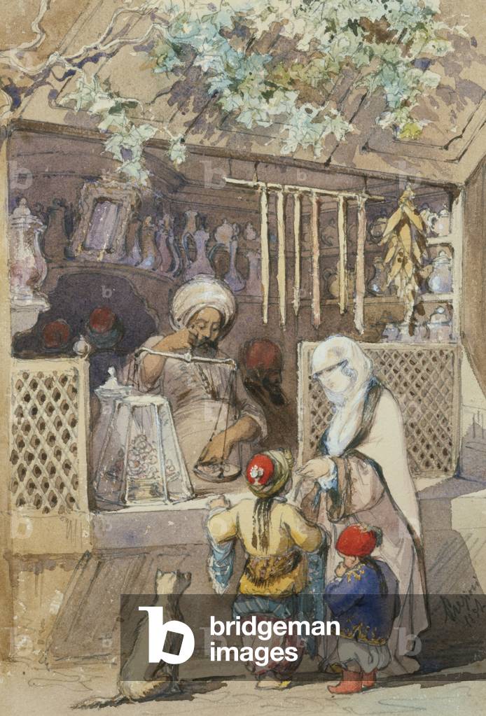 Turkish Figures at a Sweetmeat Stall, 1851 (pencil & watercolour)