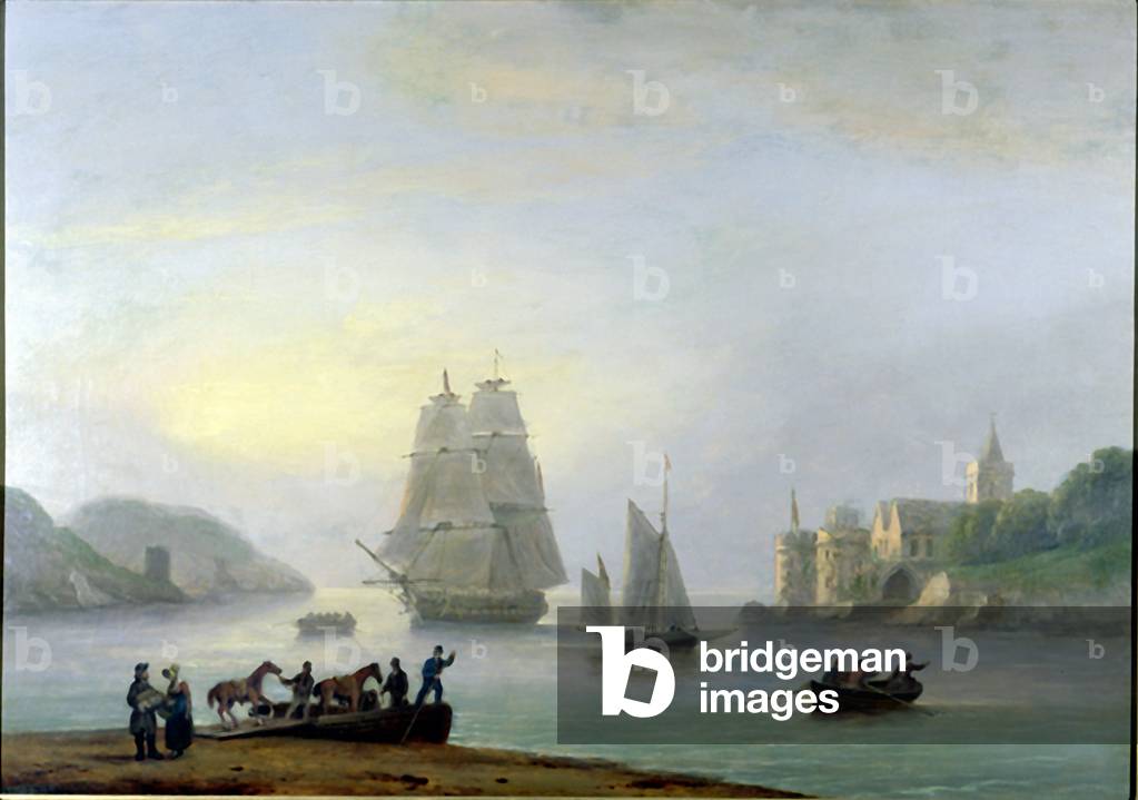 A Brig Entering Dartmouth Harbour, with a Ferry in the Foreground, 1828 (oil on canvas)