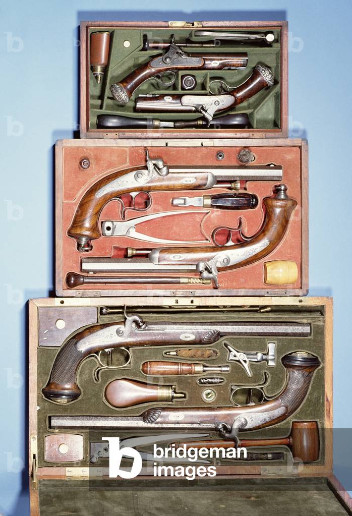 Cased pair of percussion silver mounted overcoat pistols, signed G. Sturman, c.1815; cased pair of continental percussion duelling pistols, c.1840; cased pair of continental percussion duelling pistols, signed Johan Manton, c.1830